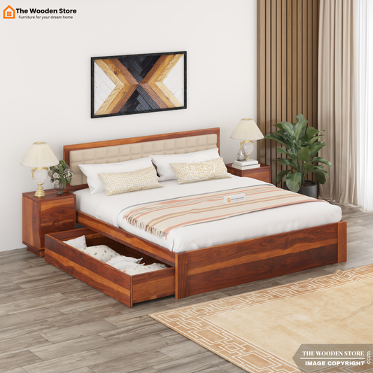 Halis Upholstered Bed with Drawer Storage (King Size, Honey Finish)