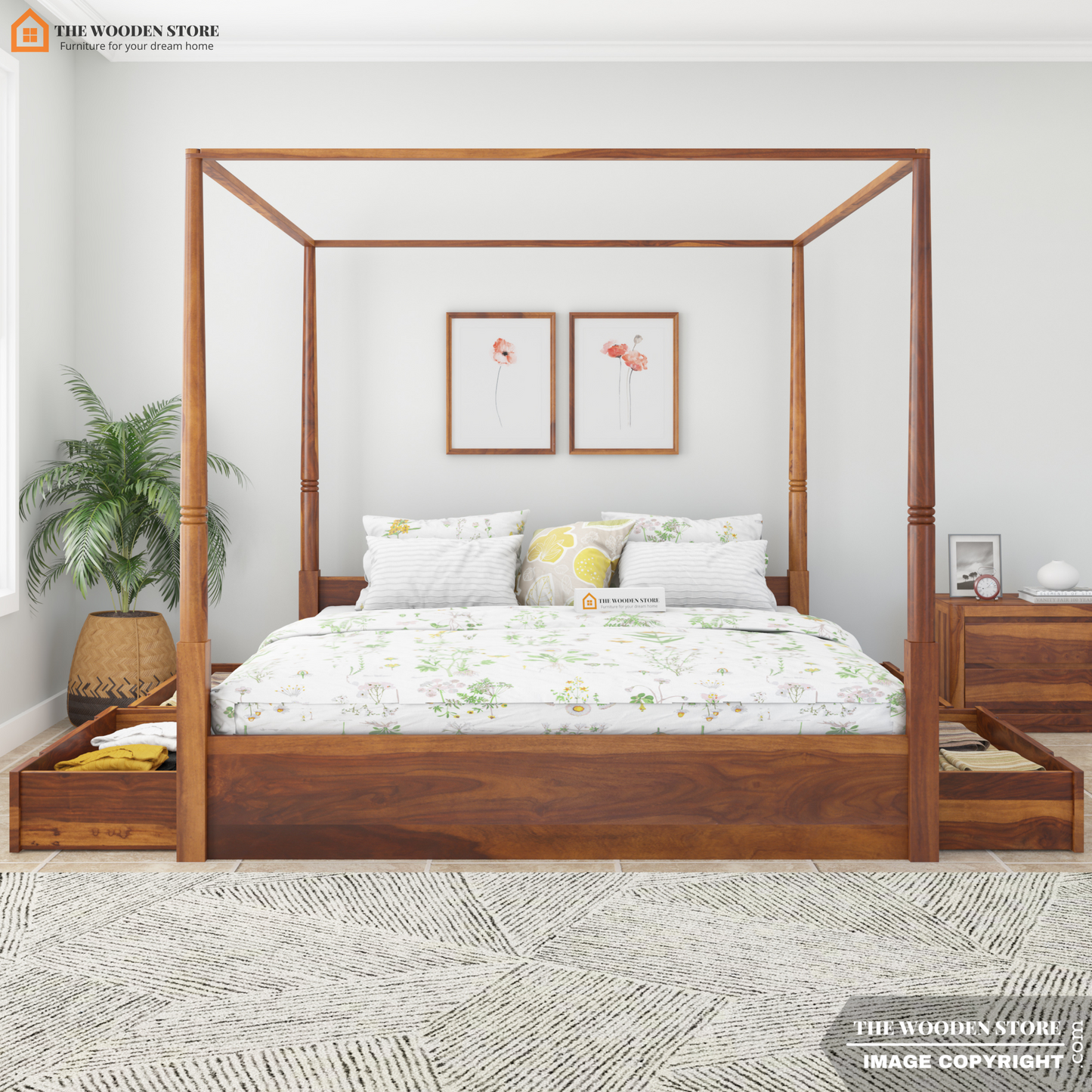 Wilma Poster Bed With Storage (King Size, Honey Finish)