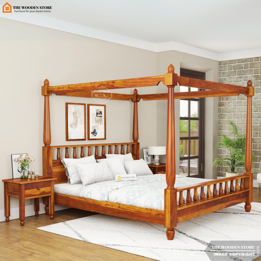 Albus Poster Bed Without Storage (King Size, Teak Finish)