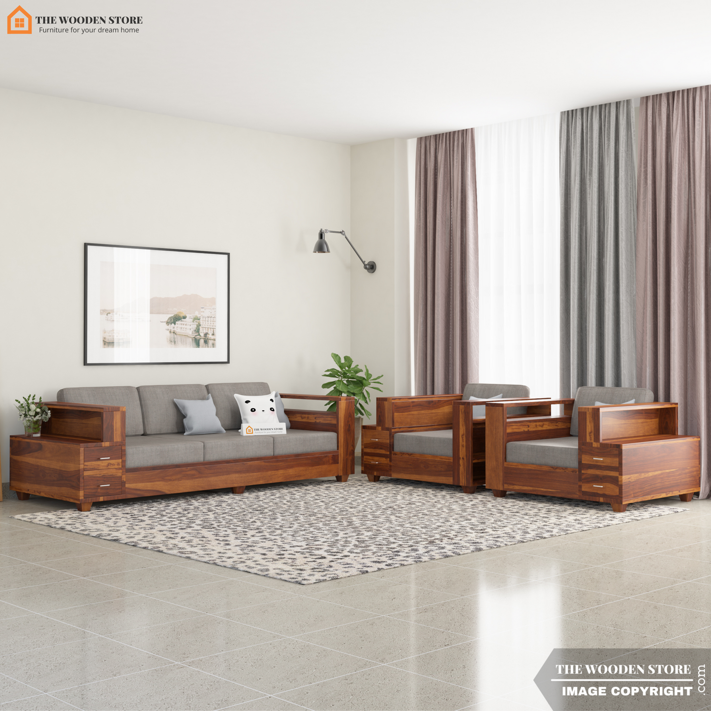 Brian 3+1+1 Wooden Sofa Set (Honey Finish)