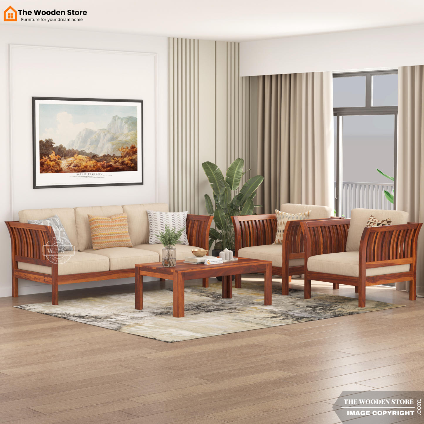 Cristen 3+1+1 Wooden Sofa Set (Honey Finish)