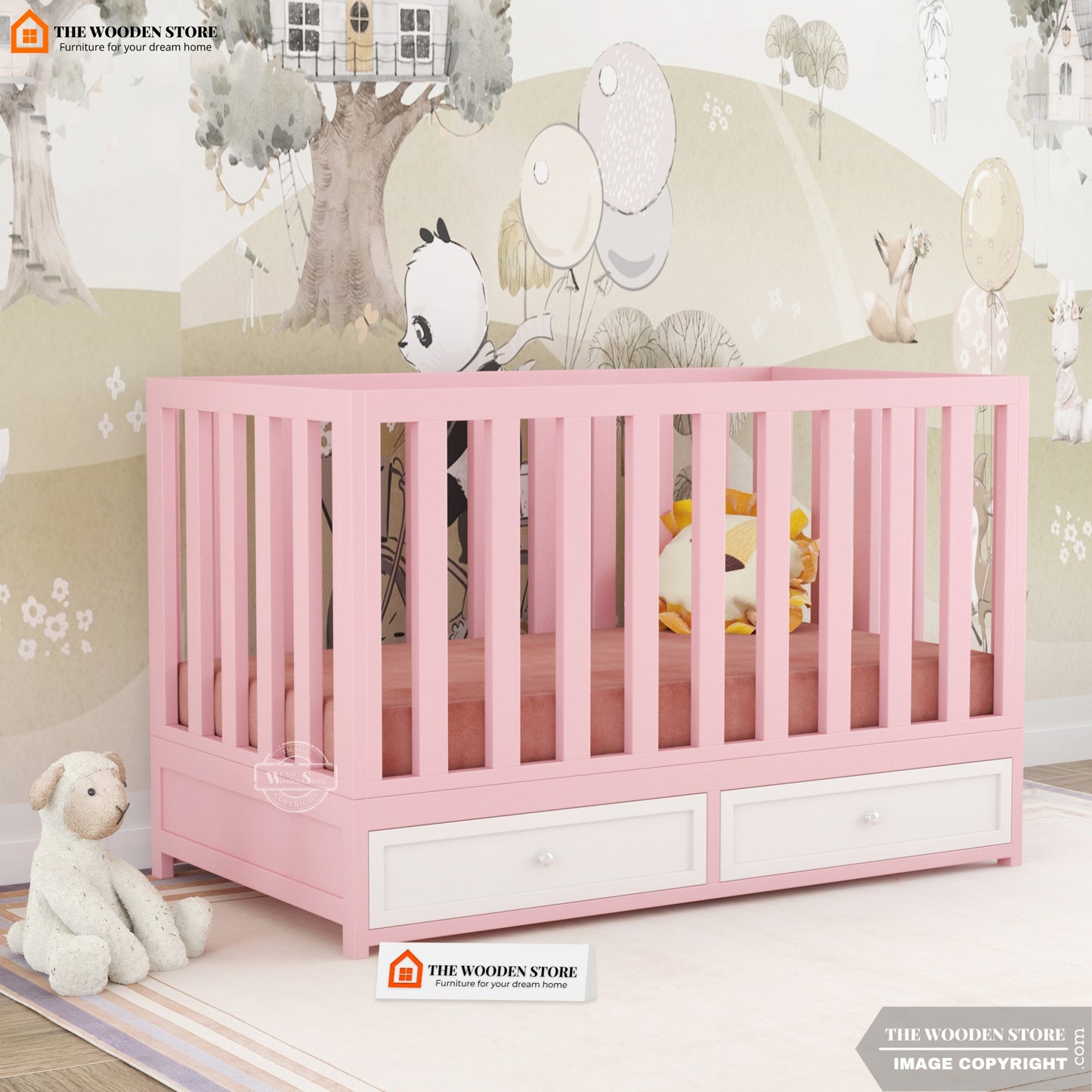 Nursery Baby Crib With Storage Drawer (Pink)