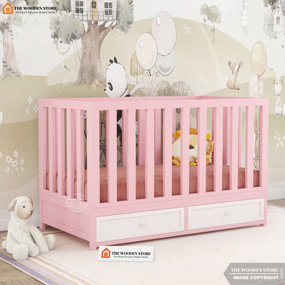 Nursery Baby Crib With Storage Drawer (Pink)