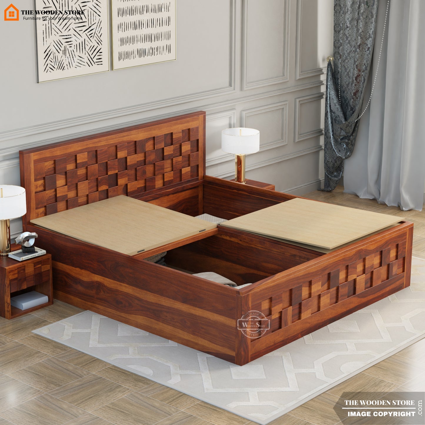 Matrix Bed with Box Storage (King Size, Honey Finish)