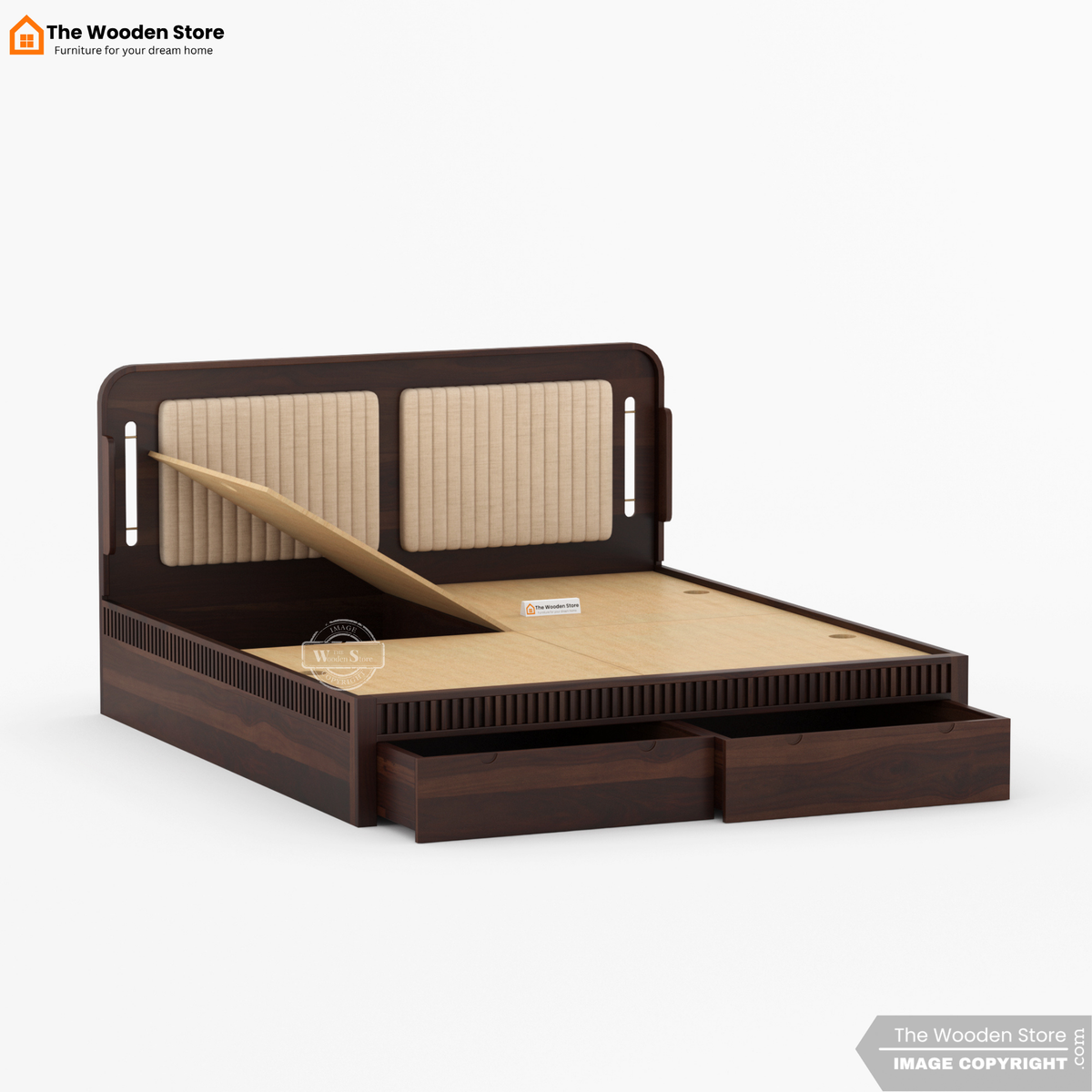Liam Upholstered Bed with Front Drawer Storage (Queen Size, Walnut Finish)