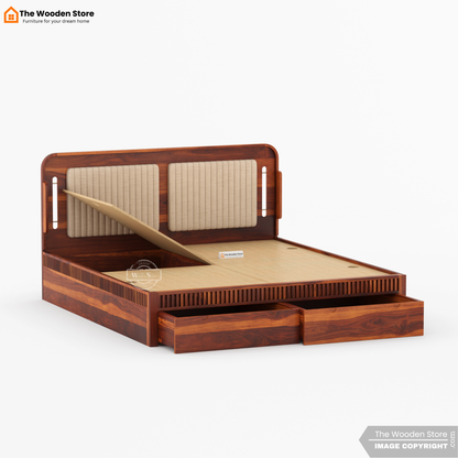 Liam Upholstered Bed with Front Drawer Storage (Queen Size, Honey Finish)