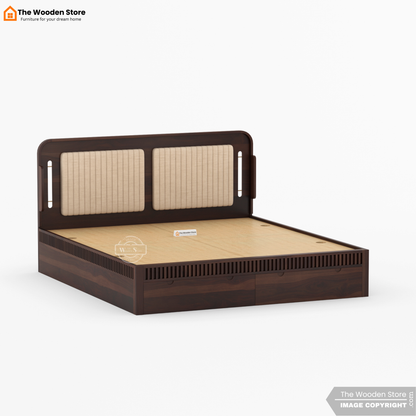 Liam Upholstered Bed with Front Drawer Storage (Queen Size, Walnut Finish)