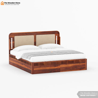 Liam Upholstered Bed with Front Drawer Storage (Queen Size, Honey Finish)