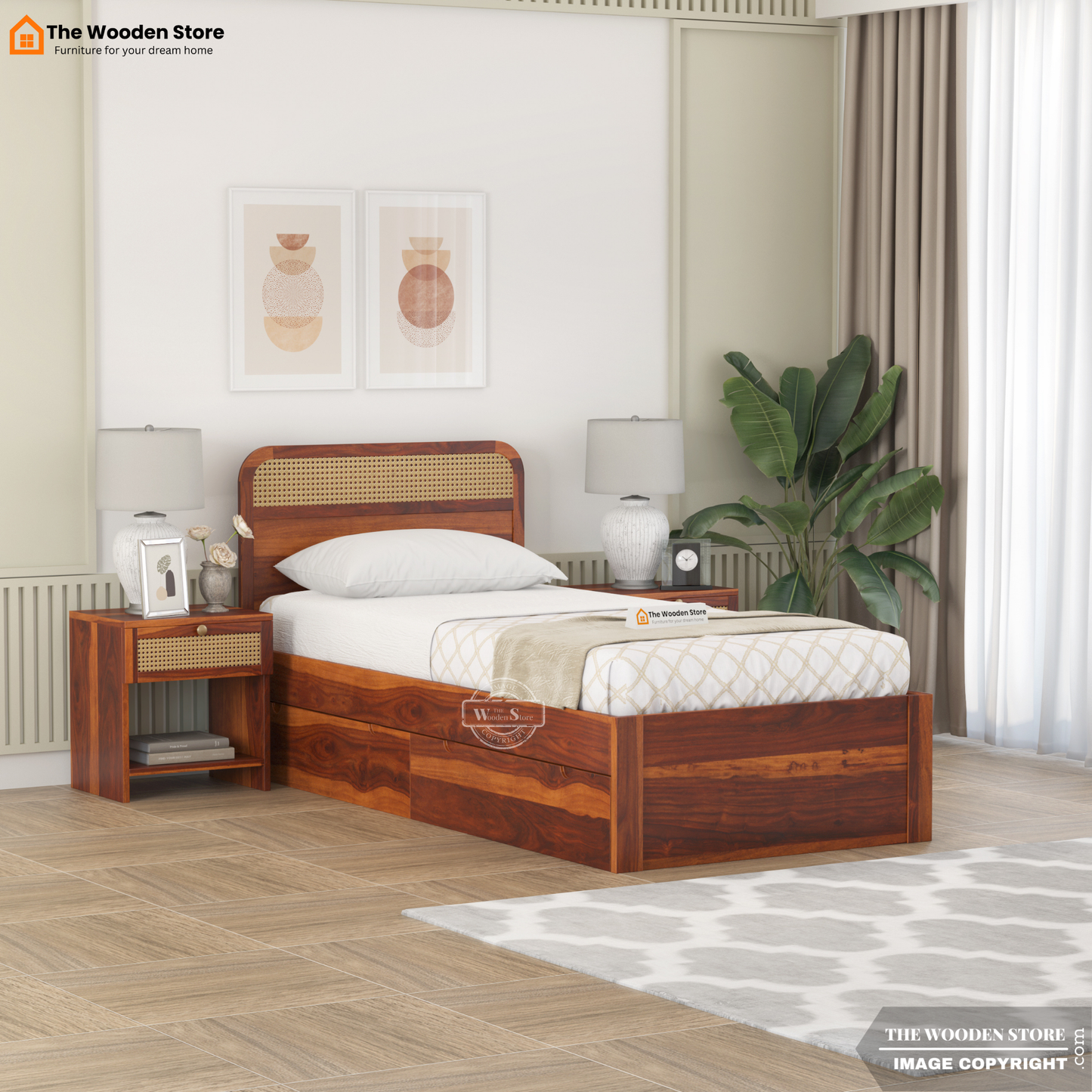Heritage Single Bed with Drawer Storage and Cane Detailing (Honey Finish)