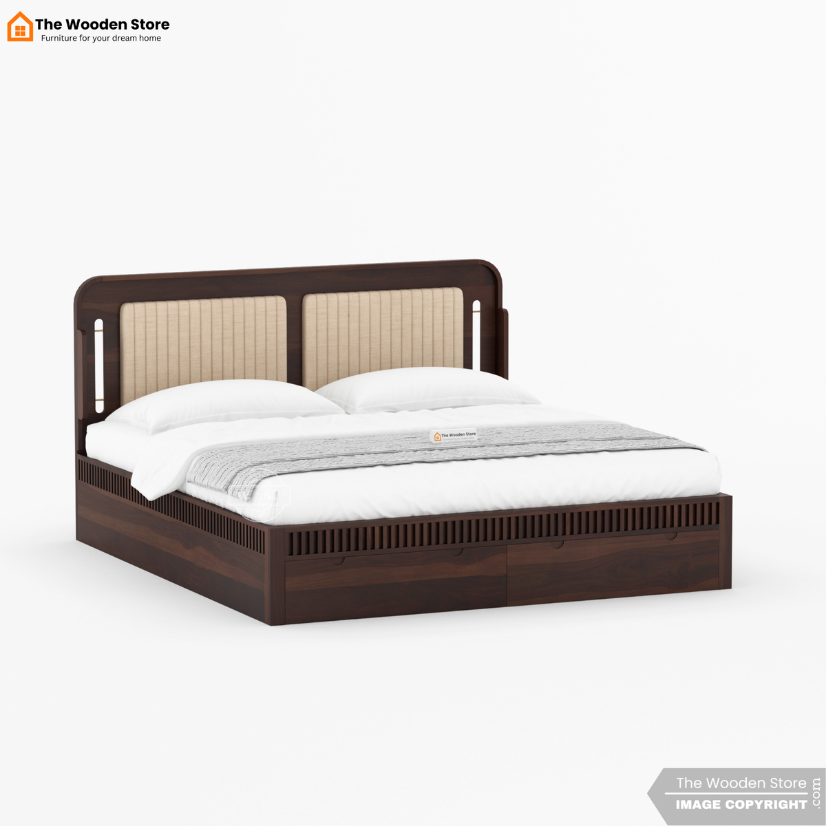 Liam Upholstered Bed with Front Drawer Storage (Queen Size, Walnut Finish)