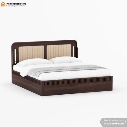 Liam Upholstered Bed with Front Drawer Storage (Queen Size, Walnut Finish)