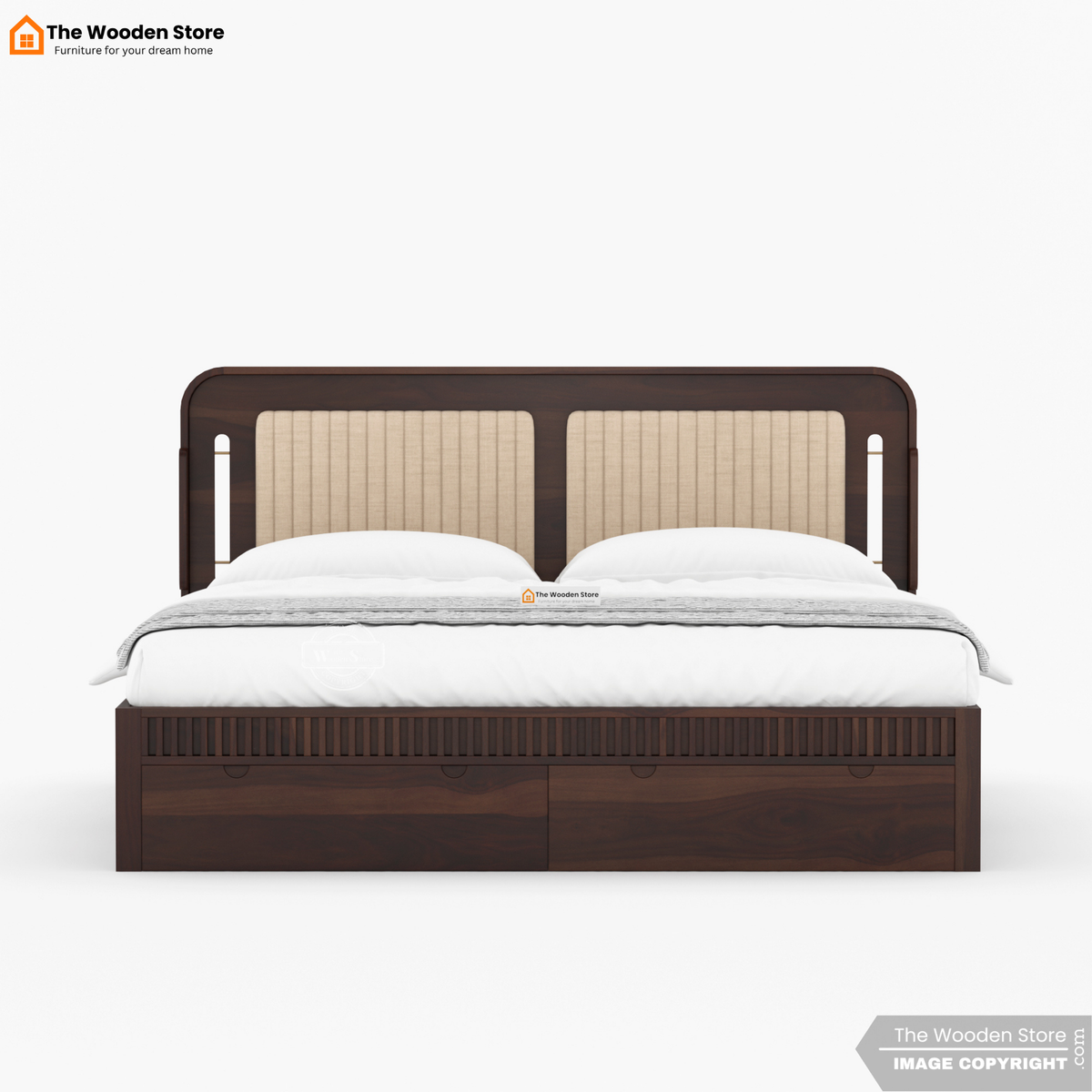 Liam Upholstered Bed with Front Drawer Storage (Queen Size, Walnut Finish)