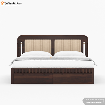 Liam Upholstered Bed with Front Drawer Storage (Queen Size, Walnut Finish)