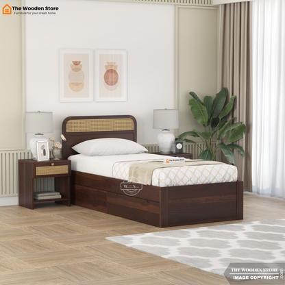 Heritage Single Bed with Drawer Storage and Cane Detailing (Walnut Finish)