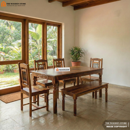 Tavin 6 Seater Sheesham Wood Dining Set with Bench (Honey Finish)