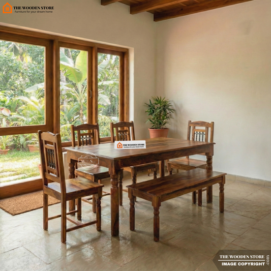 Tavin 6 Seater Sheesham Wood Dining Set with Bench (Honey Finish)