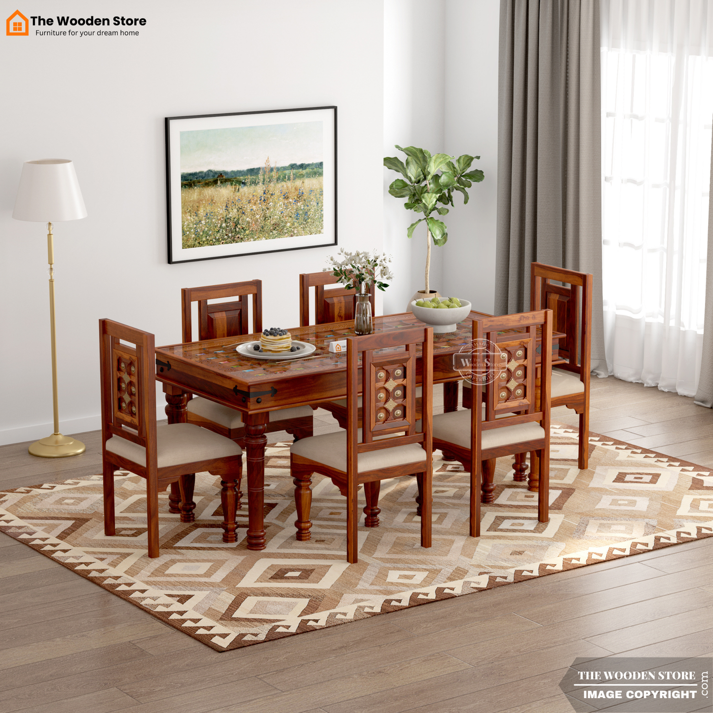 Royal Brass and Tiles 6 Seater Dining Table Set (Honey Finish)