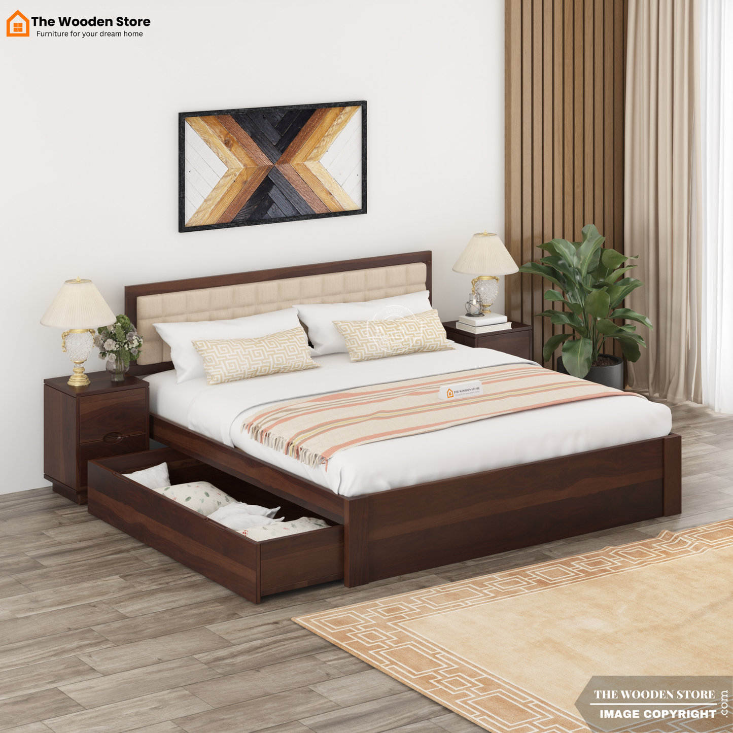 Halis Upholstered Bed with Drawer Storage (Queen Size, Walnut Finish)