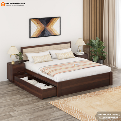 Halis Upholstered Bed with Drawer Storage (Queen Size, Walnut Finish)