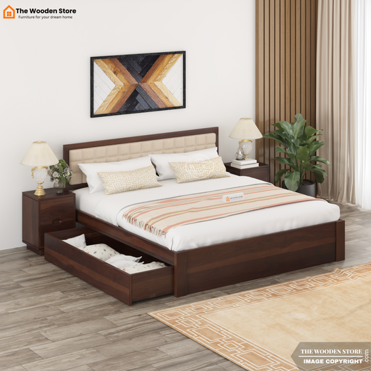 Halis Upholstered Bed with Drawer Storage (King Size, Walnut Finish)