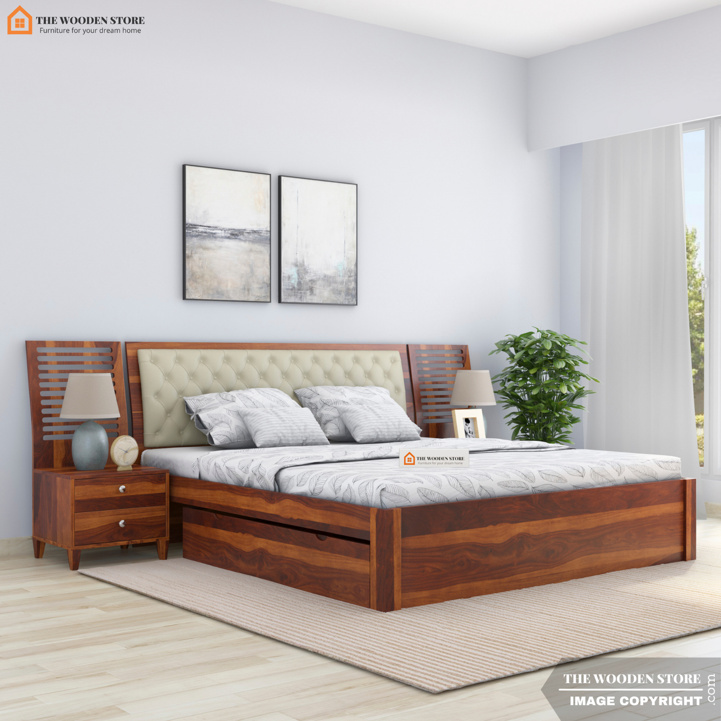Prince Drawer Storage Bed With Bedside (King Size, Honey Finish)