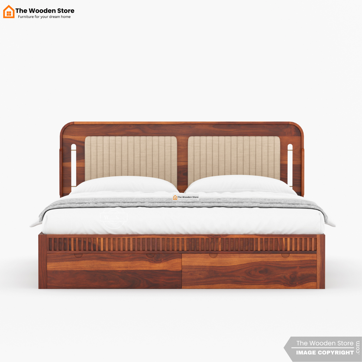 Liam Upholstered Bed with Front Drawer Storage (Queen Size, Honey Finish)