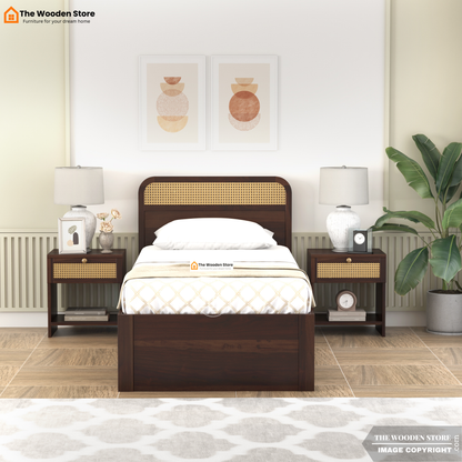 Heritage Single Bed with Drawer Storage and Cane Detailing (Walnut Finish)
