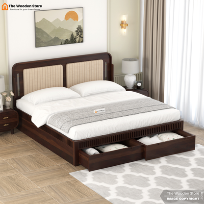 Liam Upholstered Bed with Front Drawer Storage (Queen Size, Walnut Finish)