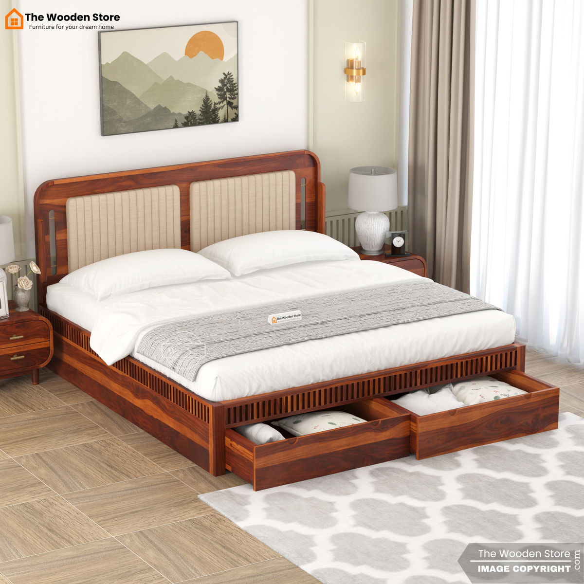 Liam Upholstered Bed with Front Drawer Storage (Queen Size, Honey Finish)