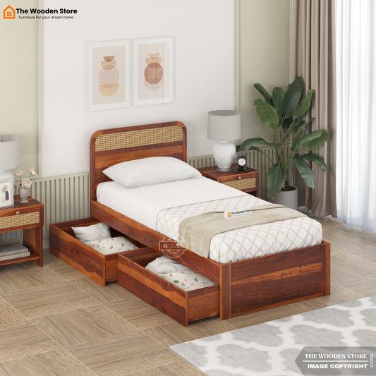 Heritage Single Bed with Drawer Storage and Cane Detailing (Honey Finish)