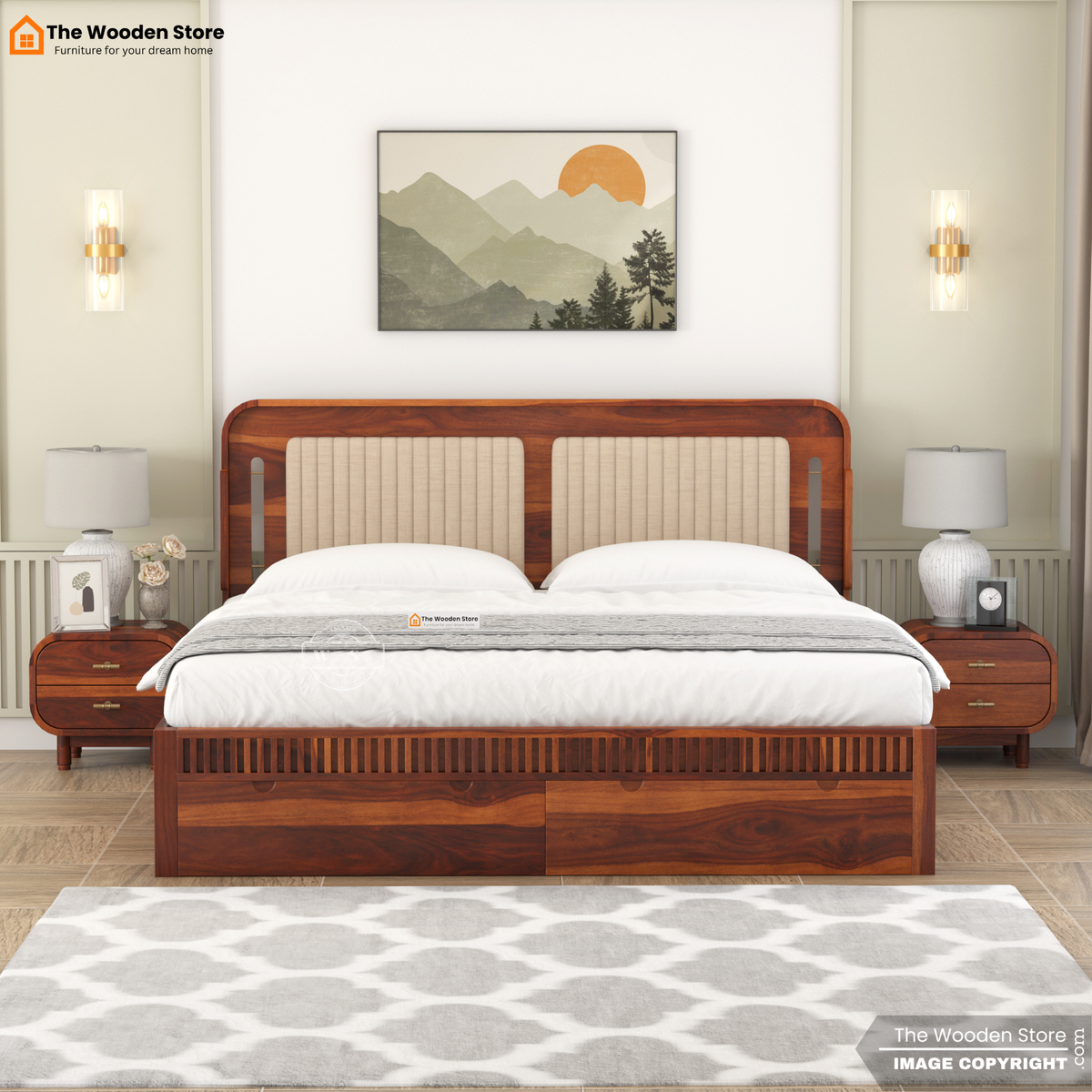 Liam Upholstered Bed with Front Drawer Storage (Queen Size, Honey Finish)