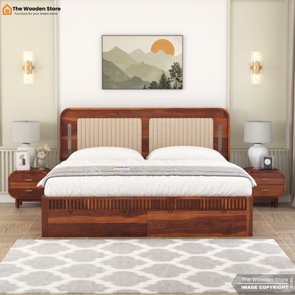 Liam Upholstered Bed with Front Drawer Storage (Queen Size, Honey Finish)