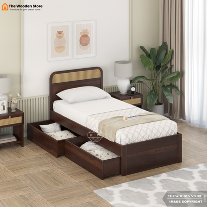 Heritage Single Bed with Drawer Storage and Cane Detailing (Walnut Finish)