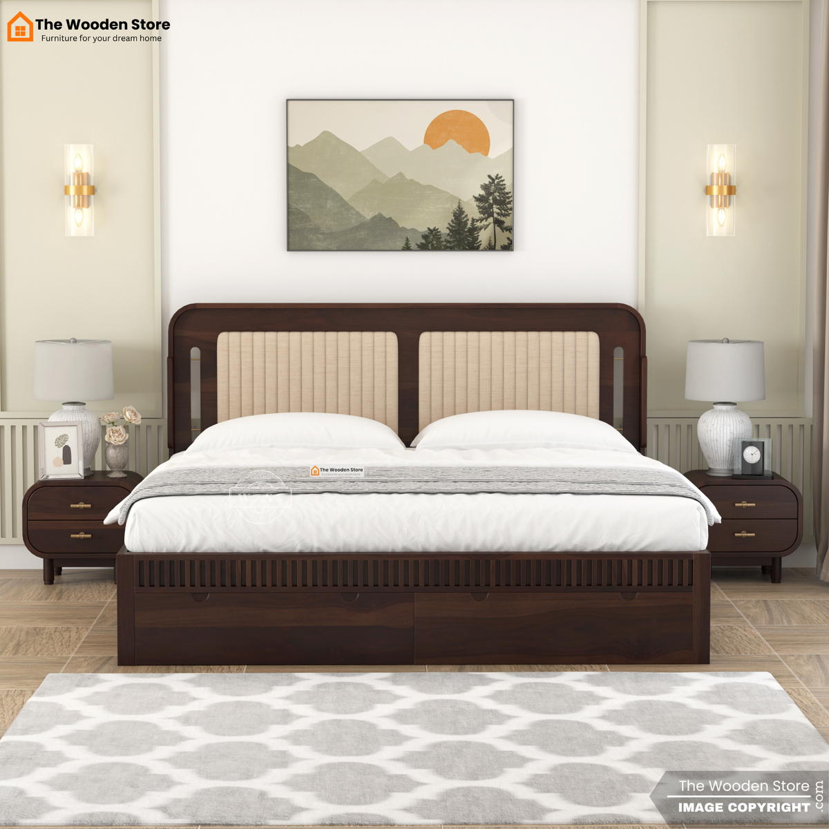 Liam Upholstered Bed with Front Drawer Storage (Queen Size, Walnut Finish)