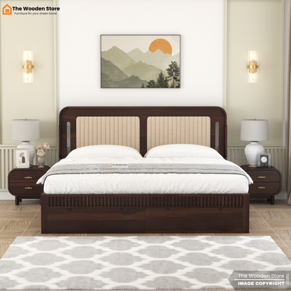 Liam Upholstered Bed with Front Drawer Storage (Queen Size, Walnut Finish)