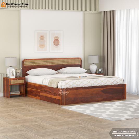 Heritage Sheesham Wood Bed with Drawer Storage and Cane Detailing (Queen Size, Honey Finish)