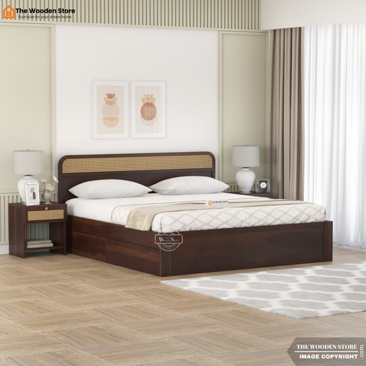 Heritage Sheesham Wood Bed with Drawer Storage and Cane Detailing (King Size, Walnut Finish)