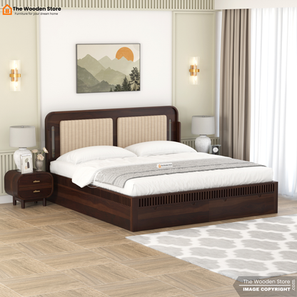 Liam Upholstered Bed with Front Drawer Storage (Queen Size, Walnut Finish)