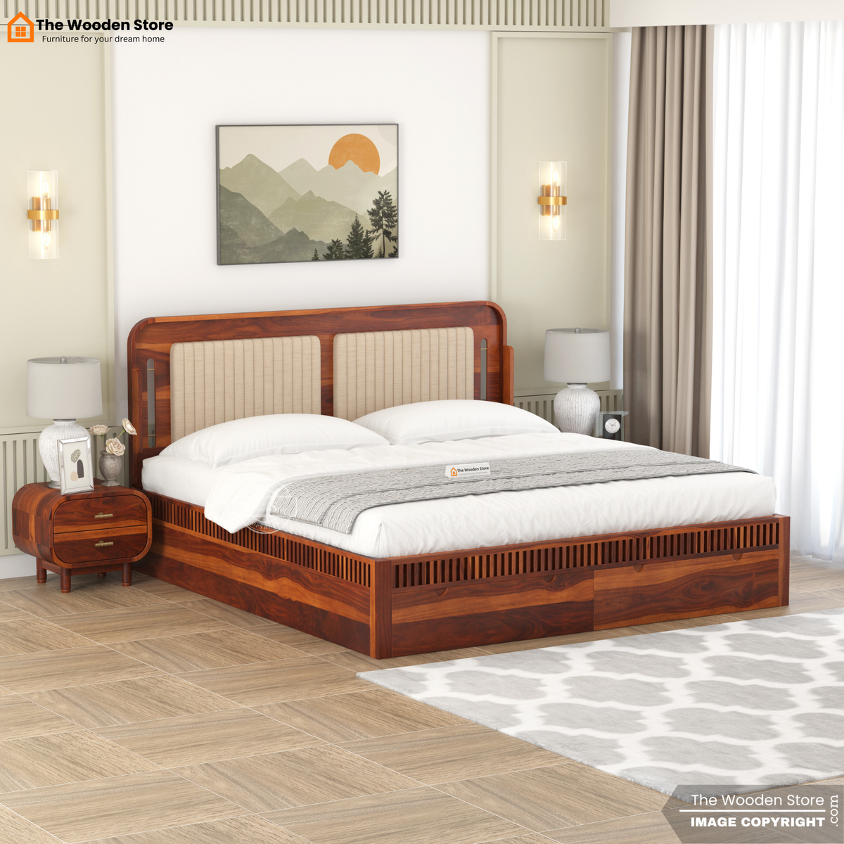 Liam Upholstered Bed with Front Drawer Storage (Queen Size, Honey Finish)