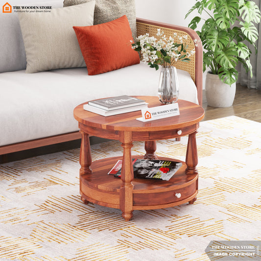 Aura Round Coffee Table with Drawers (Honey Finish)