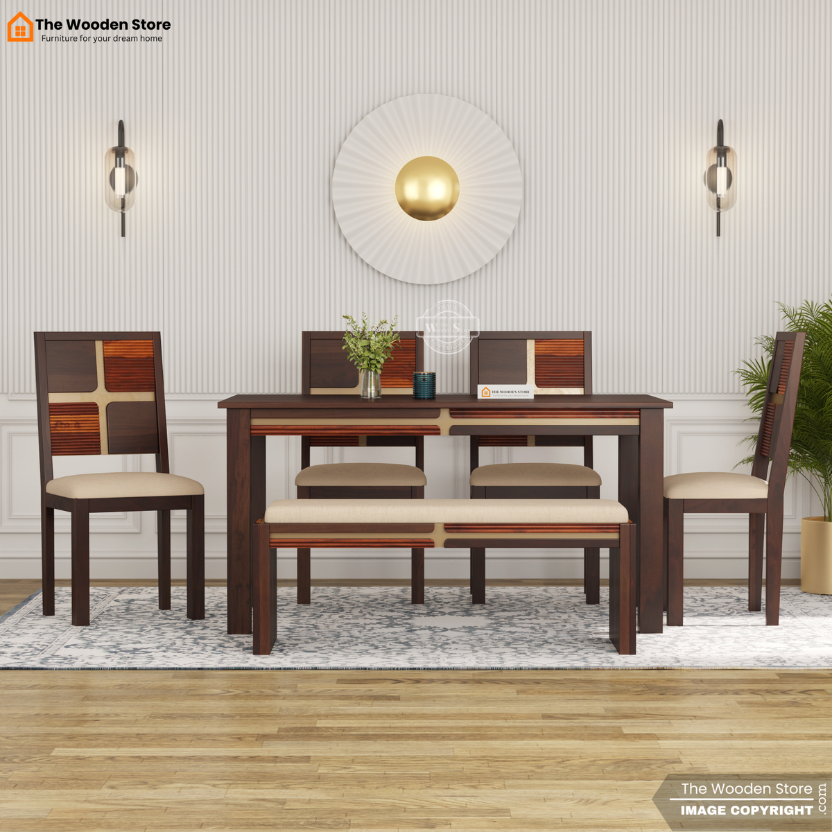 Joevan 6 Seater Dining Table Set (Walnut Finish)