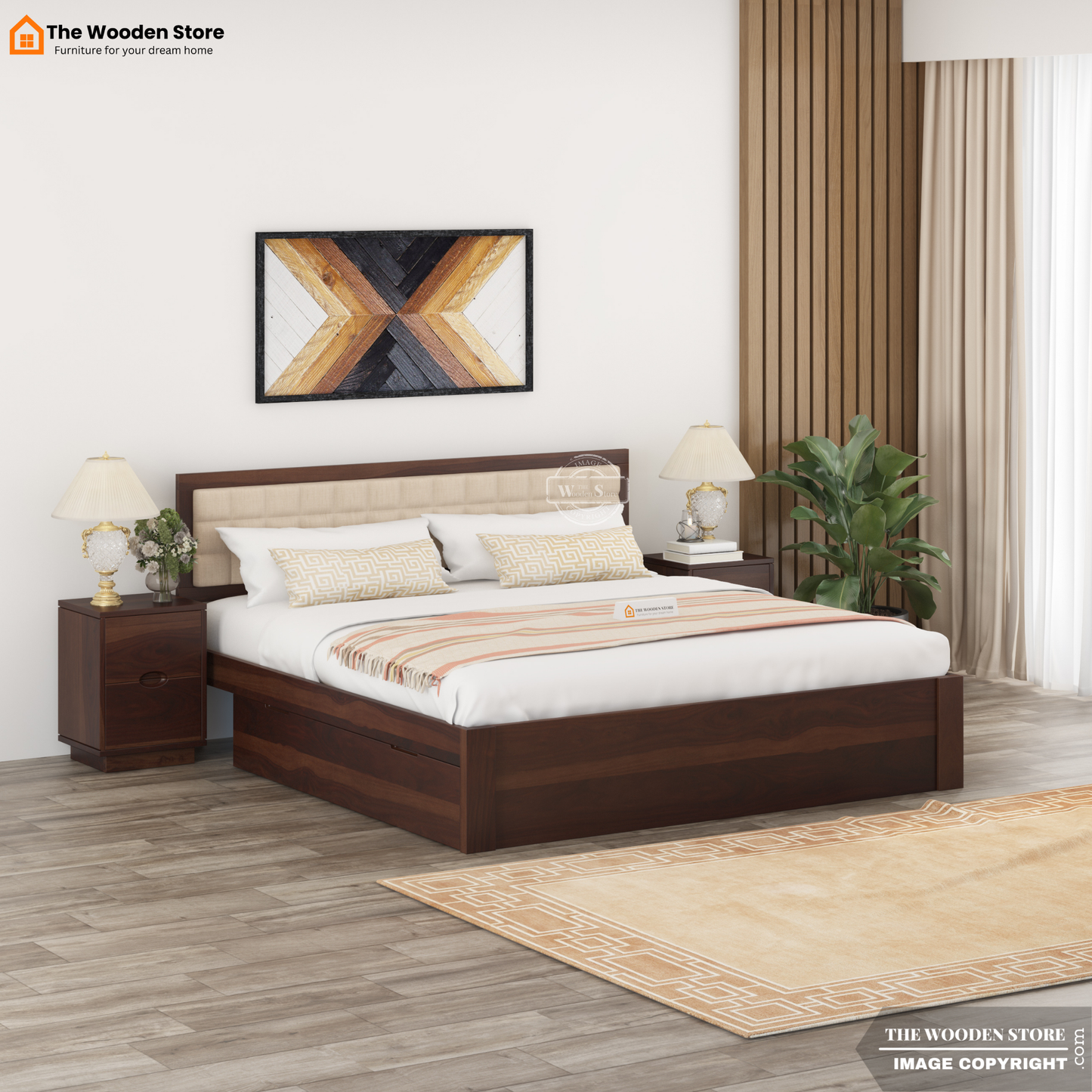 Halis Upholstered Bed with Drawer Storage (Queen Size, Walnut Finish)