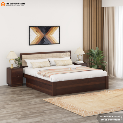 Halis Upholstered Bed with Drawer Storage (Queen Size, Walnut Finish)