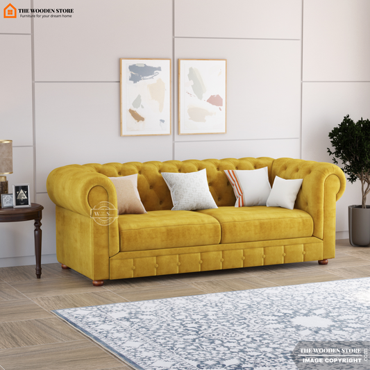 Ronin 3 Seater Chesterfield Fabric Sofa (Orange Gold)