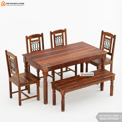 Tavin 6 Seater Sheesham Wood Dining Set with Bench (Honey Finish)