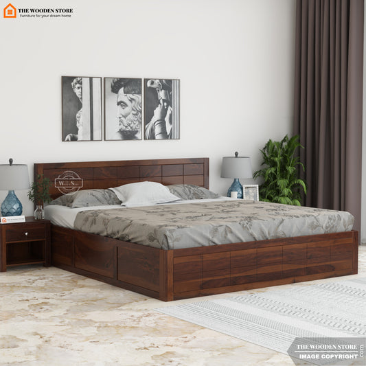 Bricks Bed With Box Storage (King Size, Walnut Finish)