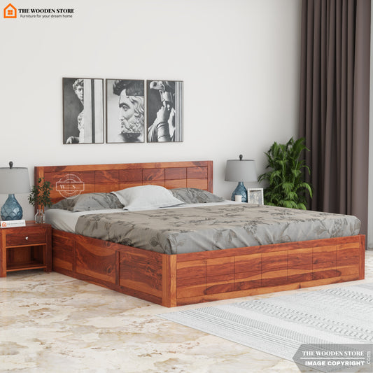 Bricks Bed With Box Storage (King Size, Honey Finish)