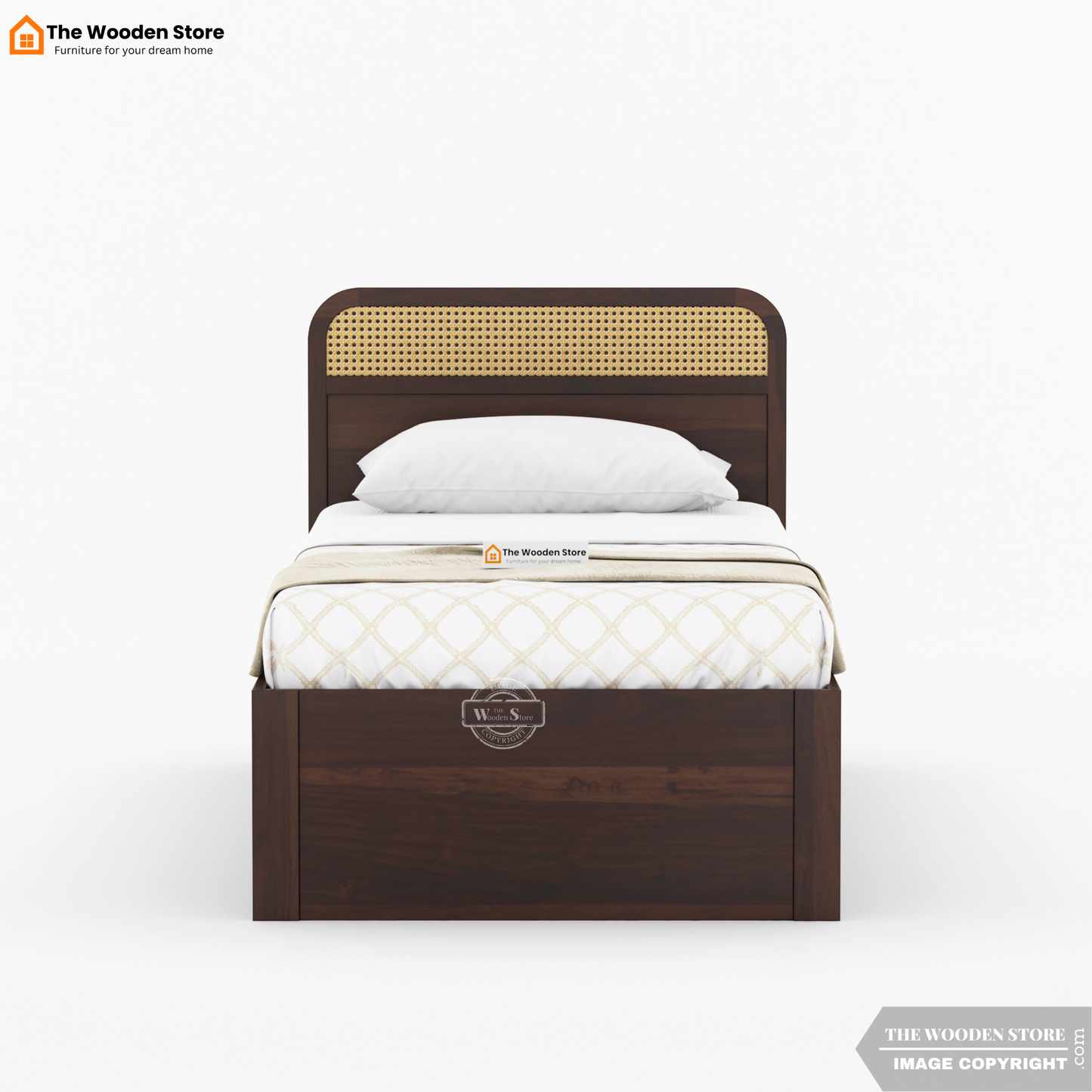 Heritage Single Bed with Drawer Storage and Cane Detailing (Walnut Finish)