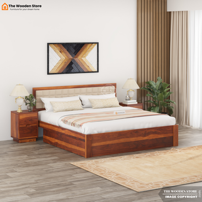 Halis Upholstered Bed with Drawer Storage (King Size, Honey Finish)