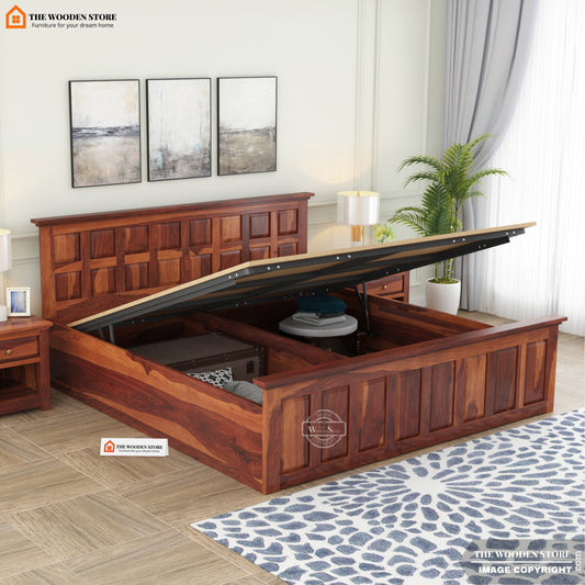 Paloma Hydraulic Bed With Storage (King Size, Honey Finish)